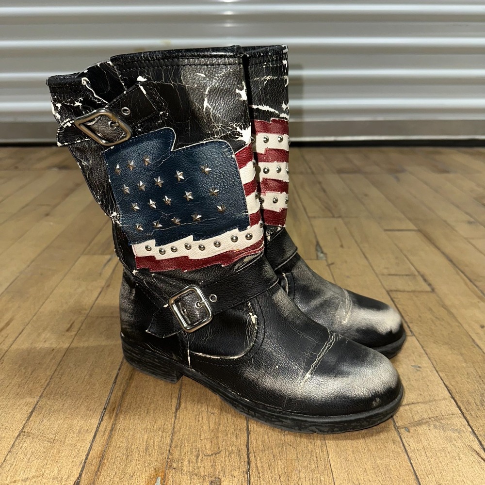 White Mountain Kennedy Biker‎ Boots Women's Size 6.5 Black Studded American Flag